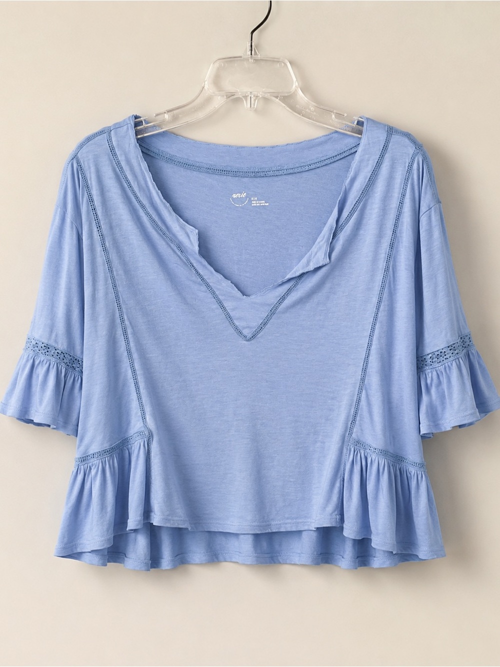 Aerie Flowy Cropped Notch Neck Ruffle Top Blue Size M